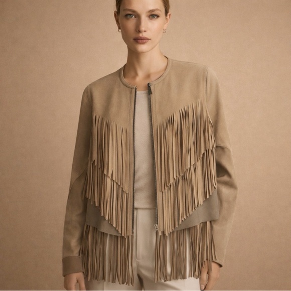 Elie Tahari Jackets & Blazers - Elie Tahari Tan Leather Fringe Jacket Size Small